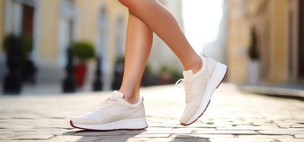 Femme qui marche dans la rue avec des sneakers